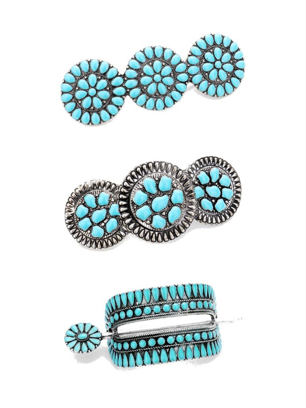 3 Southwest Turquoise Hair Barrettes - Boho Concho Clip + Hair Stick Set